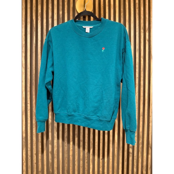 Victoria's Secret Tops - Victoria's Secret Teal Green‎ Crewneck Sweatshirt Rose Embroidered Small